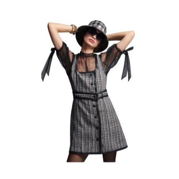 Maeve By Anthropologie Tweed Belted Mini Dress Size 12 Black & White Sleeveless - Picture 5 of 11